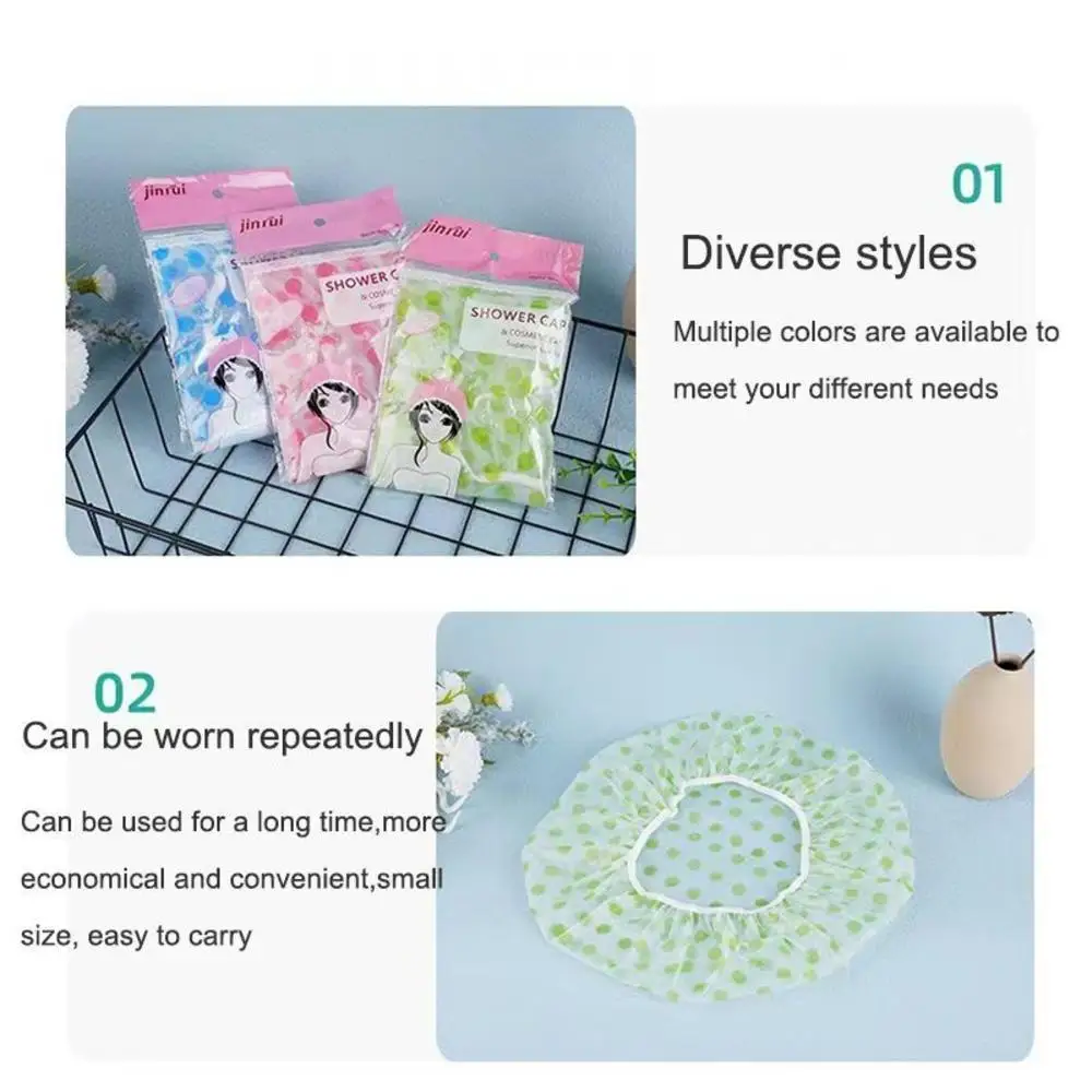 1pcs Thickened Waterproof Shower Cap Women Plastic Dot Print Bath Hat Disposable Shower Colorful Cap For Hair Salon 5