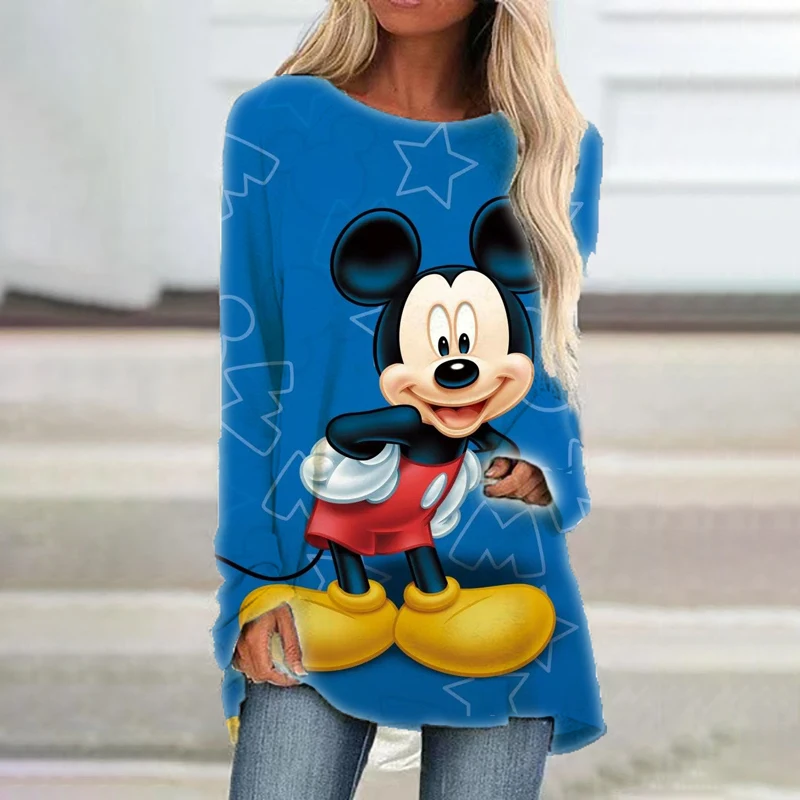 

Women's Raglan Sleeve Dress Hem Irregular Design Cute Cartoon T Shirt Long Sleeve O Neck Dress Autumn Disney Minnie Tee Y2K