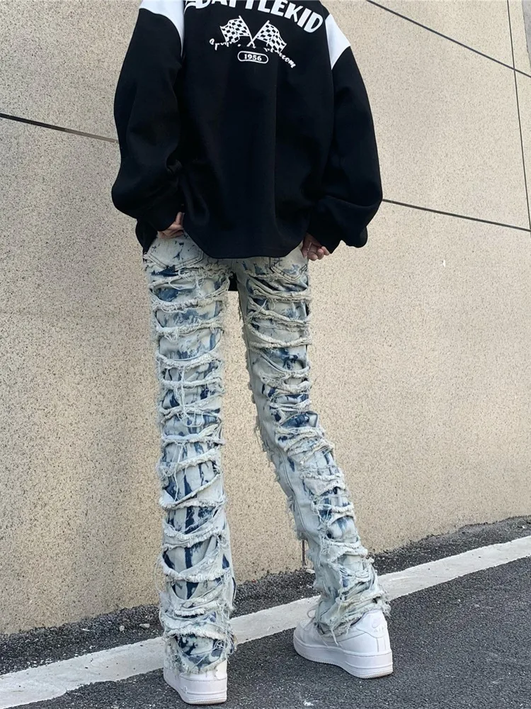 2023 Y2K Streetwear Slim Fit Stacked Jeans Pants Men Patchwork Hip Hop Straight Denim Trousers