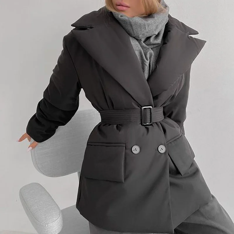 Malina - Veste с хлопковыми карманами простые для женщин пальто двойные твердые поясом