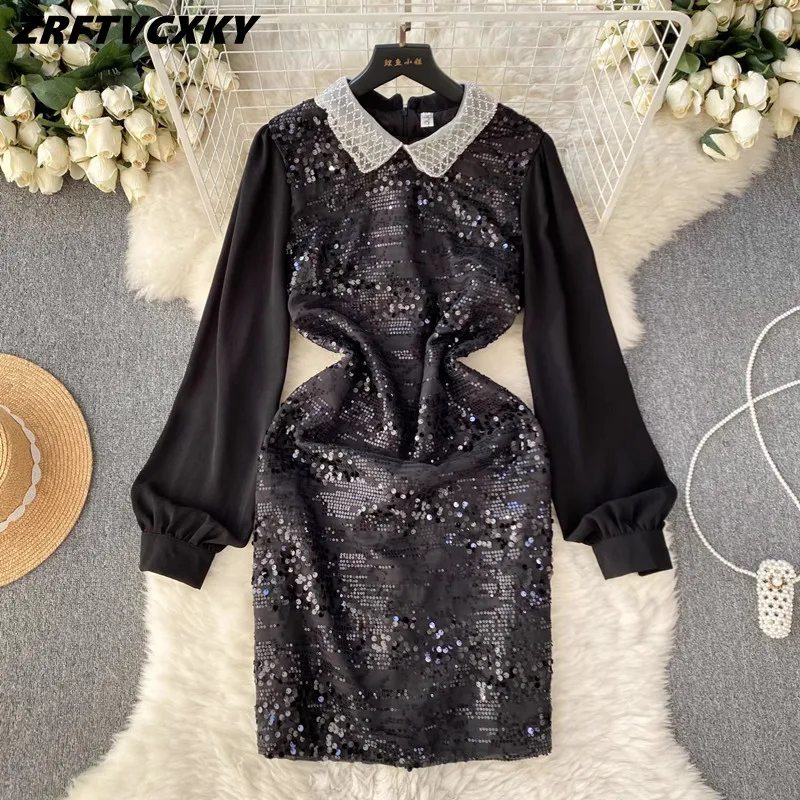 

2024 Spring Designer Sequin Black Short Dress Women Elegant Doll Collar Patchwork A-Line Dresses Fashion Casual Party Vestidos
