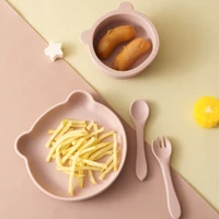 4PCS Baby Silicone Dinner Set Suction Cartoon Bear Bowl Dishes Silicone Spoon Fork Eating Training Baby Tableware Soft Utensils 2