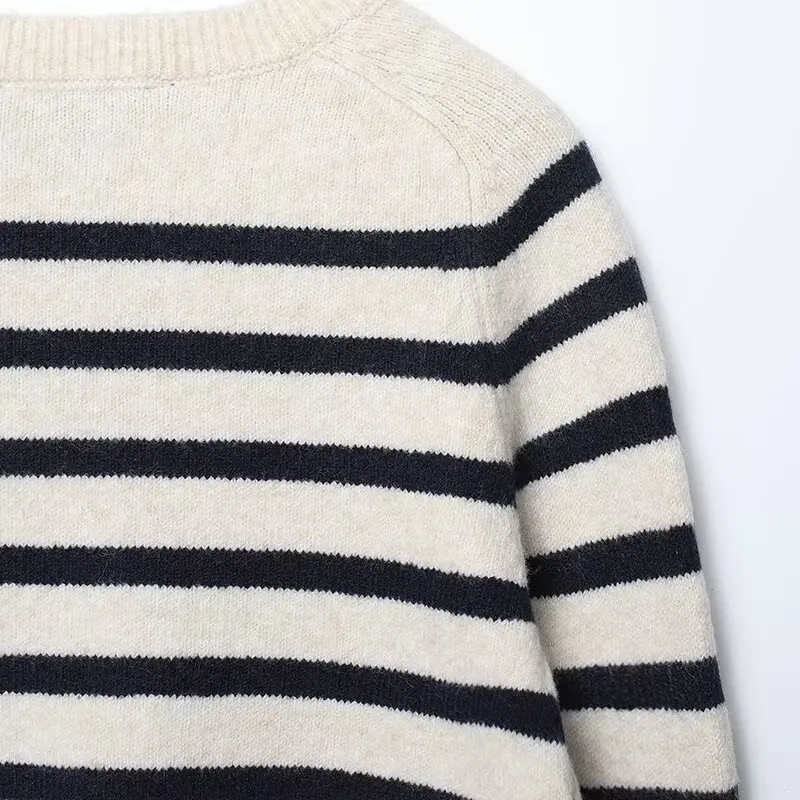 Women's O-Neck Pullover Knitted Striped Sweater Female Long Sleeve Autumn Winter Extremely Simple Casual Versatile Pullover Top