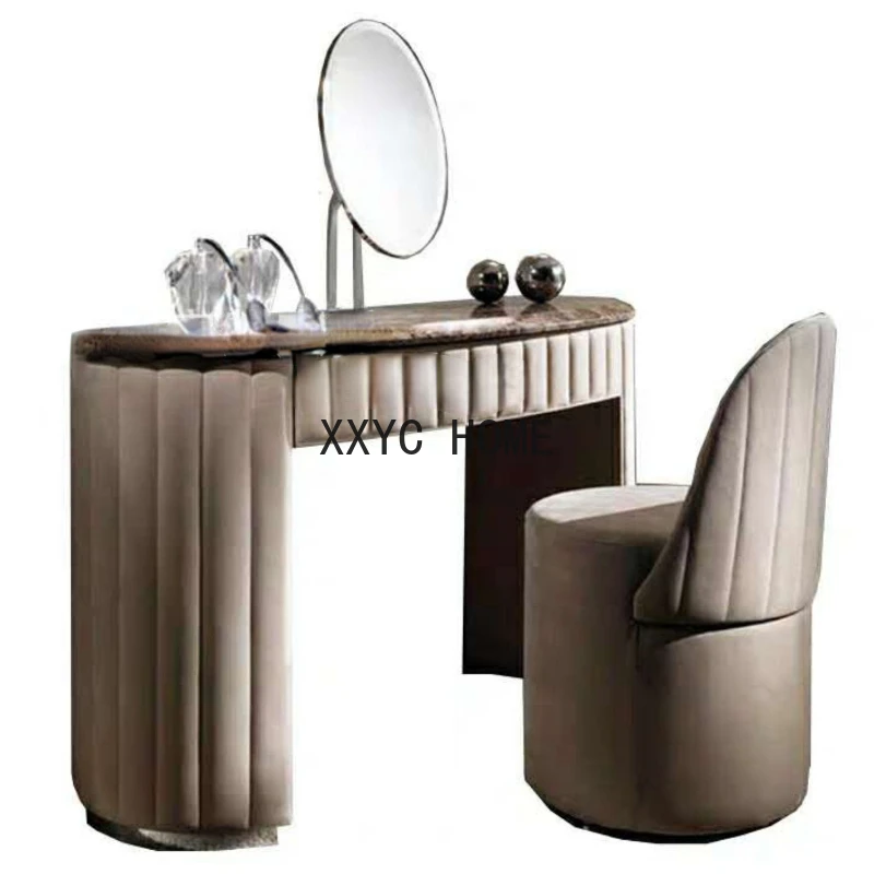 

yj Light Luxury Dressing Table Hong Kong Style Simple Post-Modern Stainless Steel Metal Marble Makeup Table and Chair