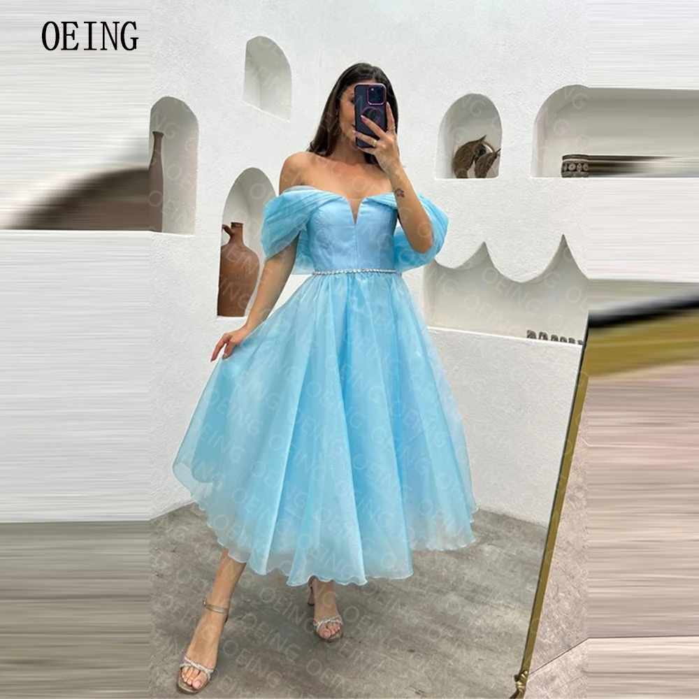 

OEING A-line Blue Beadings Off The Shoulder Tea-length Lace-up Back Organza Evening Party Dresses 2023 Simple Beach Prom Gowns