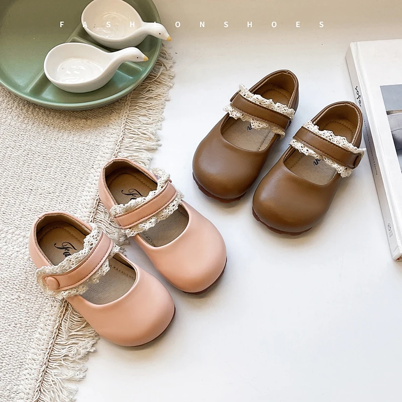 Baby Girls Leather Shoes for Party Wedding Soft Toddlers Kids Mary Janes with Lace Princess Sweet Children Flats Spring New