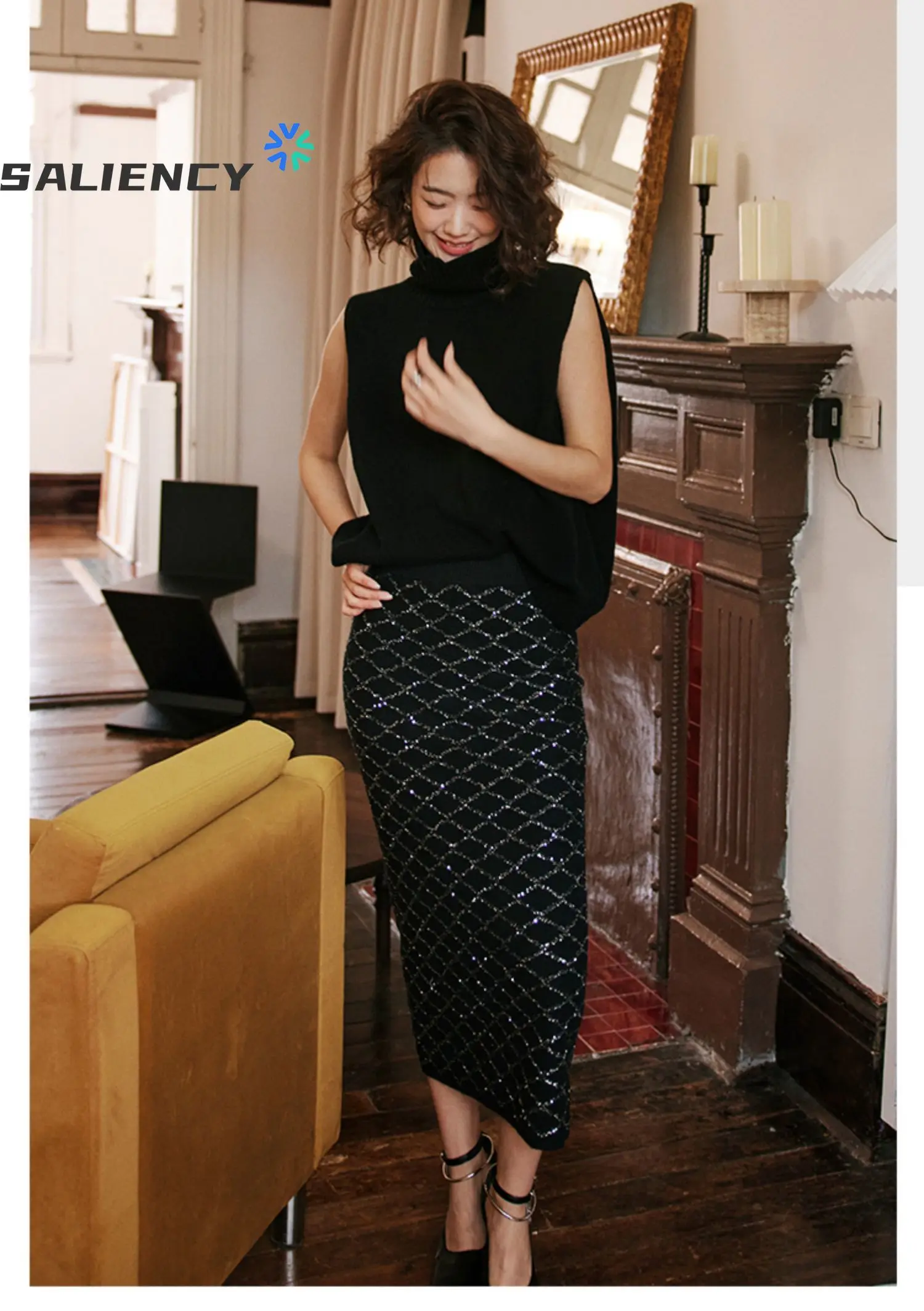 

Женская трикотажная юбка-бюстье Fishtail, облегающая юбка в клетку с высокой талией и блестками, весна-лето