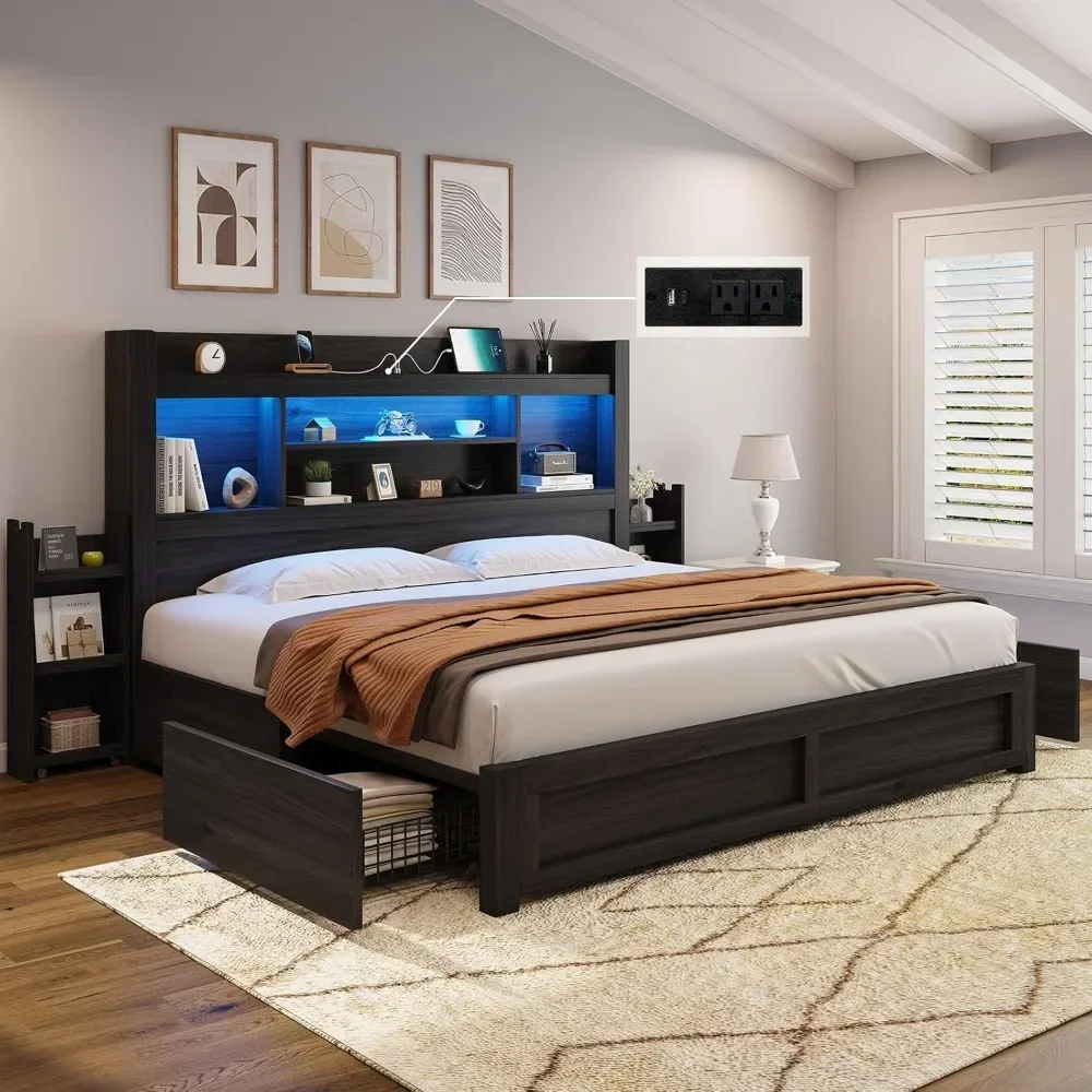 King Size Bed Frame with 4 Storage Drawers, LED Bed Frame with 49.6" Tall Bookcase Headboard, Wood Platform Bed with Charging