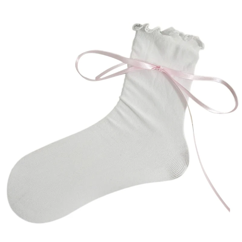 Solid Color Middle Tube Socks Women Ribbon Bowknot Ruffle Frilly Ankle Sock