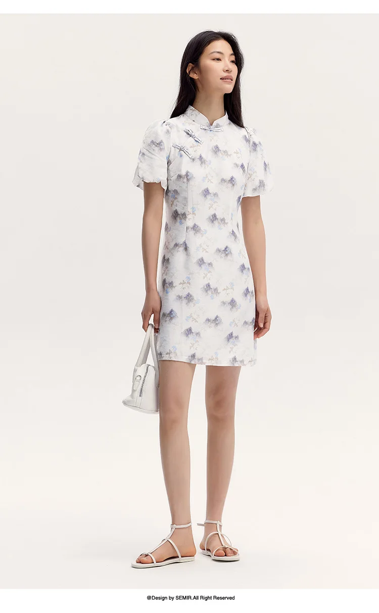 Vestido Cheongsam de verano con mangas abullonadas y estampado de pintura de tinta para mujer