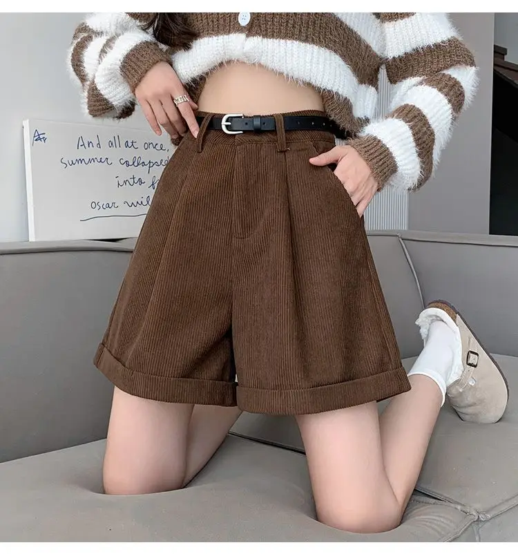 Autumn Winter Corduroy Shorts Women Wide-legged Pants Loose Thickened Casual Retro Version Soft Warm