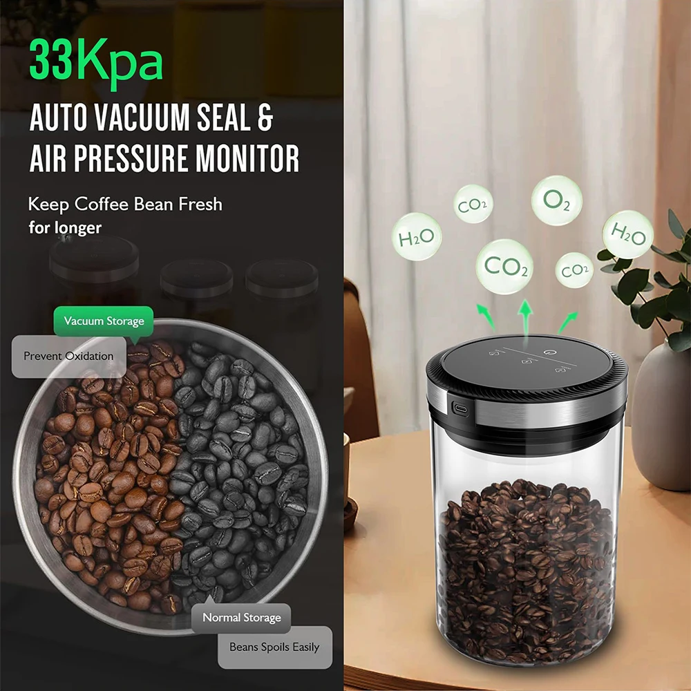 Vacuum Coffee Canisters Airtight Lids 33Кра Auto Vacuum and Stop Touch Screen Storage Jar 1.6L/54oz Food Grade Stainless