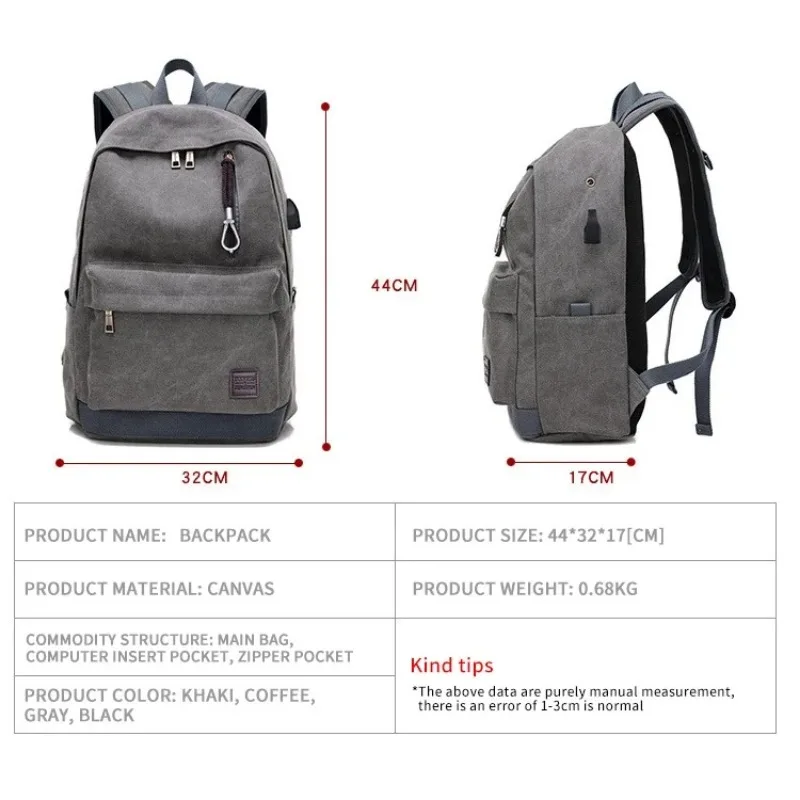 New Canvas Men Women's Backpack USB Rechargeable Outdoor Travel Bags Trendy Breathable Bag Junior High School Student School Bag