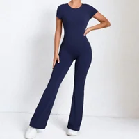 Sexy Backless Scrunch Flared Jumpsuits Women One Piece Sportswear Yoga Clothes Short Sleeve Fitness Overalls Female Sport Outfit - Image 2