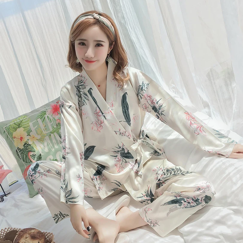 Ice silk pajamas women's spring and autumn new long-sleeved Japanese kimono Korean version casual home clothes 2-piece set