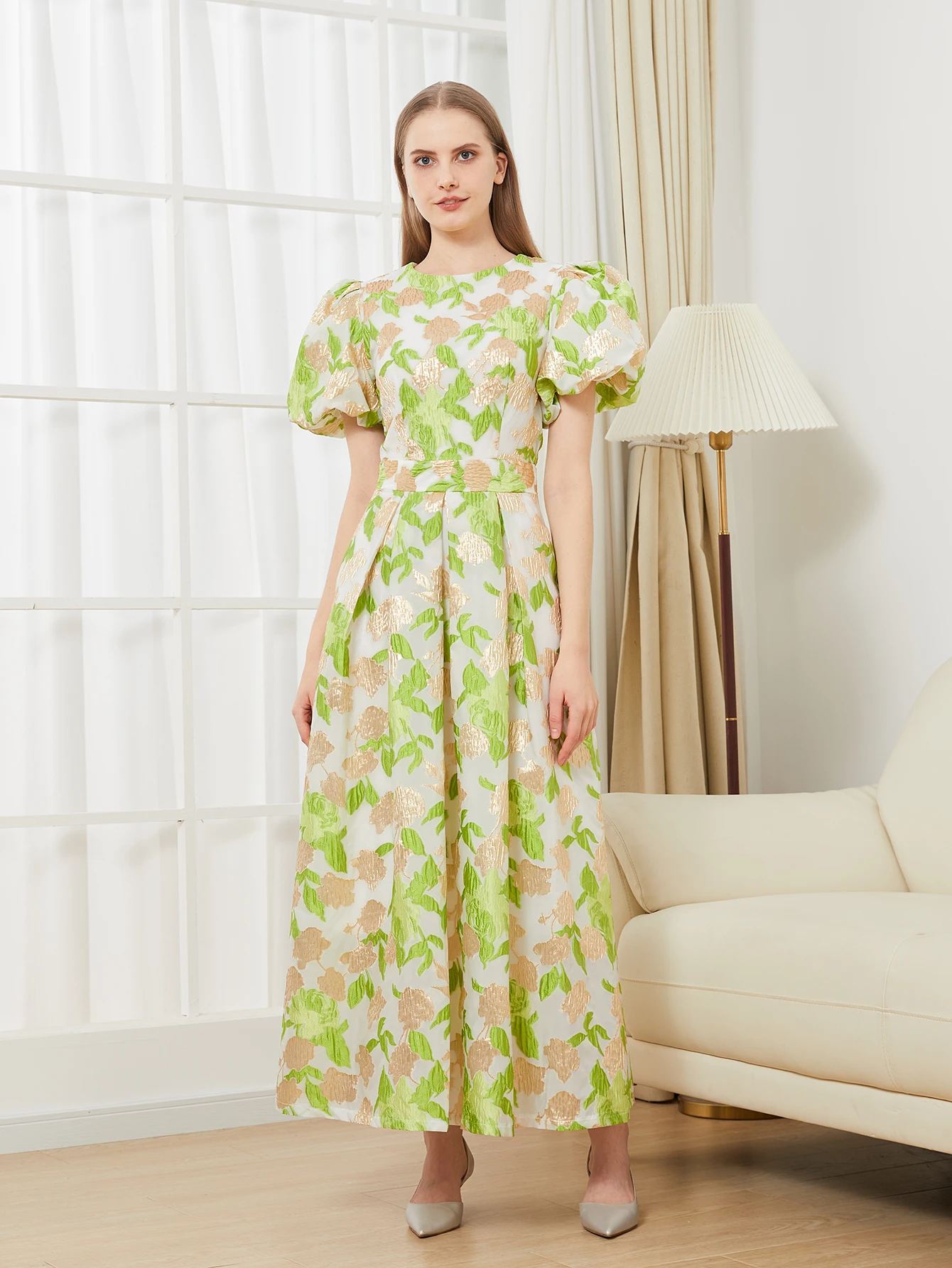DEVCHATA Neue Luxus Frauen Puff Sleeve Organza Jacquard Prinzessin Party Kleid Lange Elegante kleider für Prom Blume Party Kleid – Detail 5