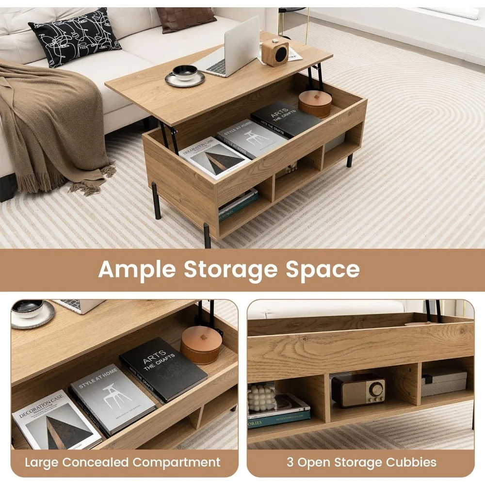 Lift Top Coffee Table - Rectangular Wooden Table w/Hidden Compartment & Open Storage Shelves, Multifunctional Modern Flip Table 6