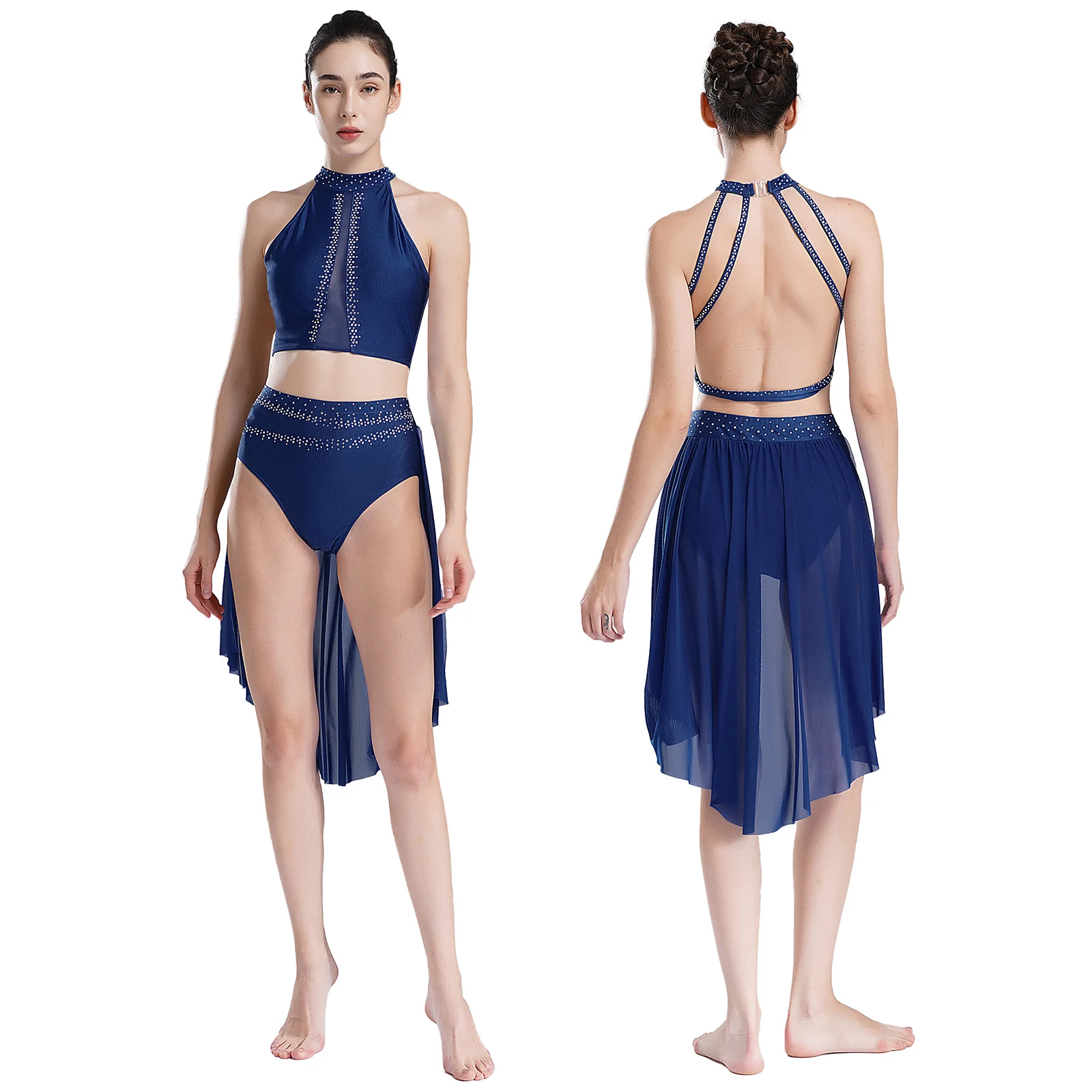 Traje de danza moderna lírica para Ballet y gimnasia para mujer, traje de patinaje artístico con diamantes de imitación brillantes, Top corto con bragas con falda fluida