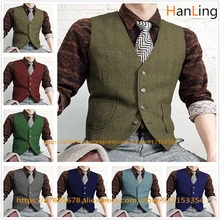 

V-neck Men's Tweed Vest Best Man Waistcoat Retro Herringbone Steampunk S -3XL