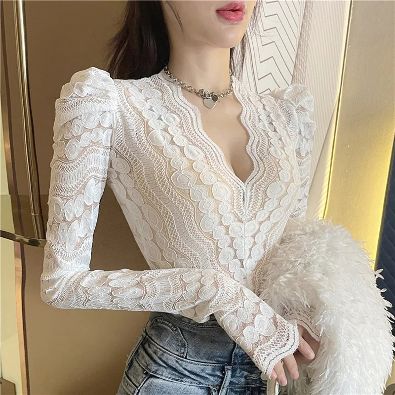 Spring Thin Slim Lace Crochet Pullovers Women Deep V Neck Sheer Summer Spring Blouse Puff Sleeve Korea Fashion Shirts Streetwear