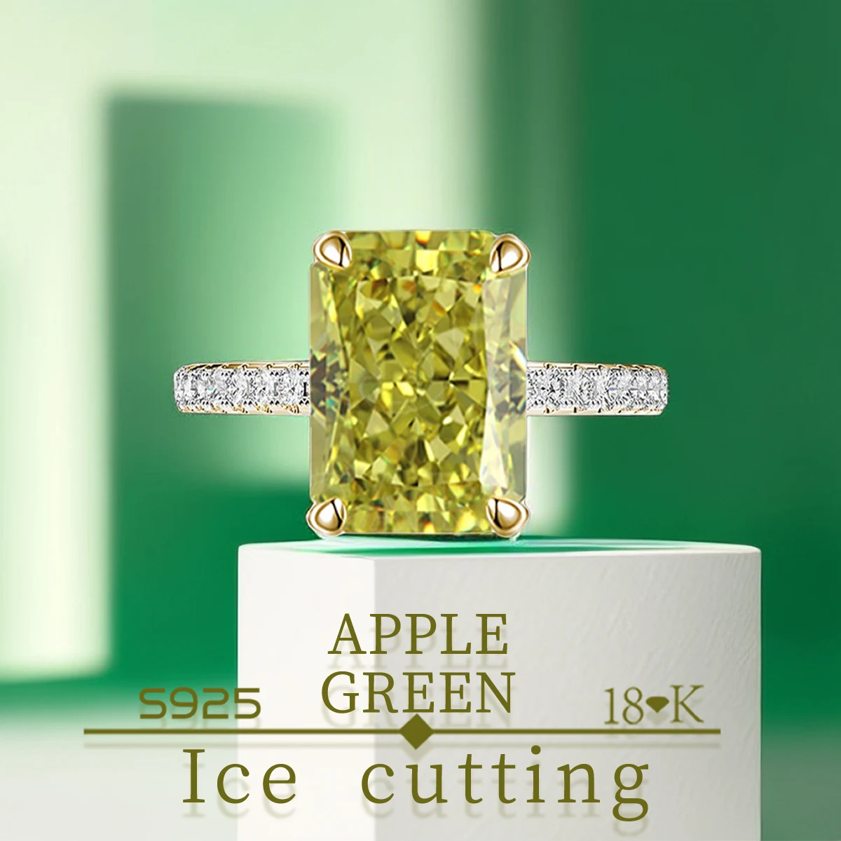 

S925 Sterling Silver Fine Quality 3.5carat Apple green Zircon Sparkle 5A Good quality Ice Cut Ladies ring