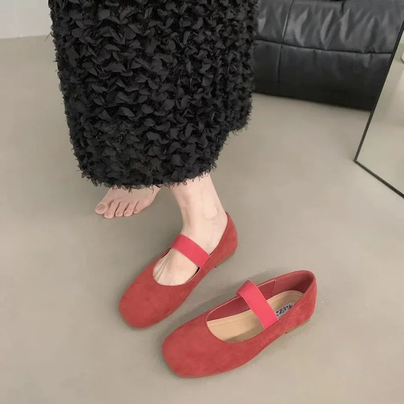 HKDQ Elastic Belt Suede Ballet Flat Shoes for Women 2025 Trend Solid Fabric Canvas Ladies Elegant Loafers Black Flats Luxury 6