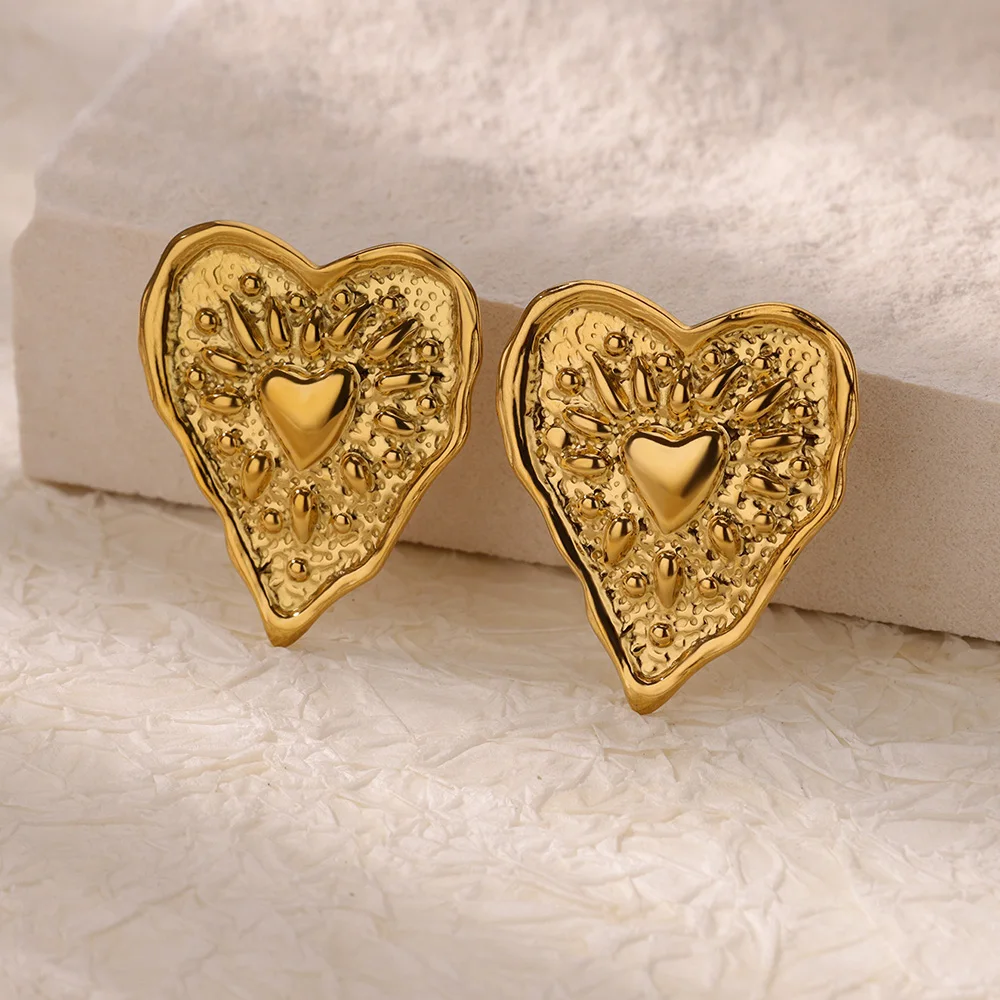Stainless Steel Irregular Heart Texture Stud Earring for Women