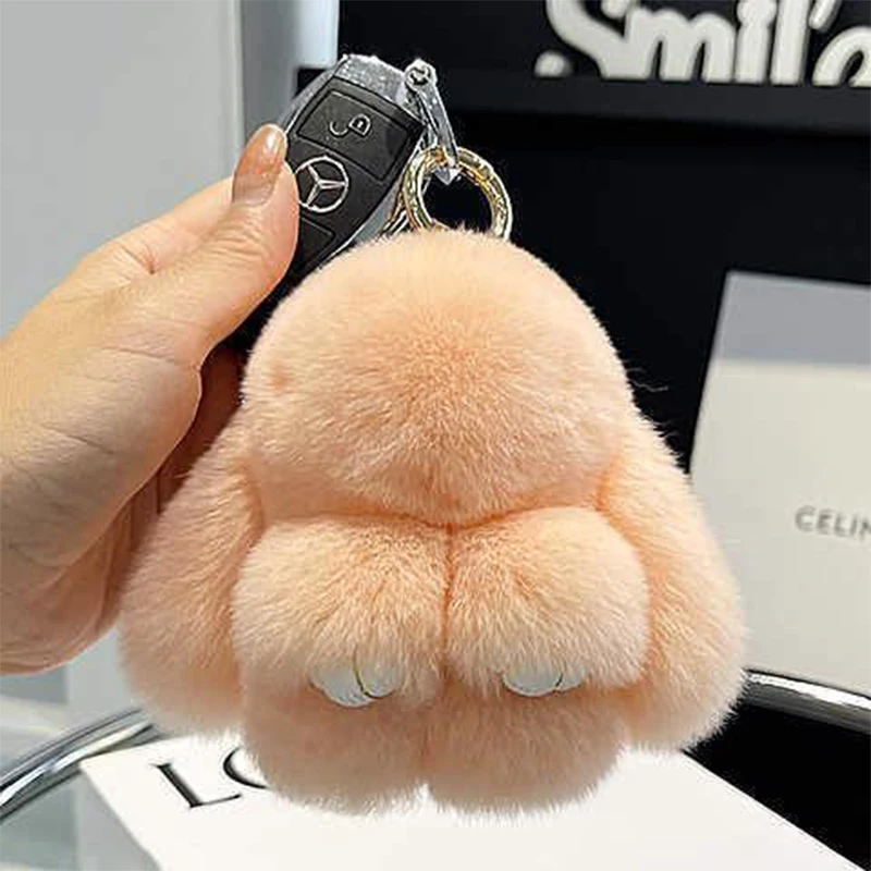 15Pcs Rex Rabbit Fur Pom Bunny Rabbit Keychain - Cute Fluffy Bag Purse Charm Key Fob
