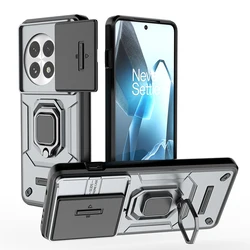 Slide Lens Protect Armor Phone Case with Car Magnetic Ring Holder and Back Cover - OnePlus 13 5G (Gun Gray)