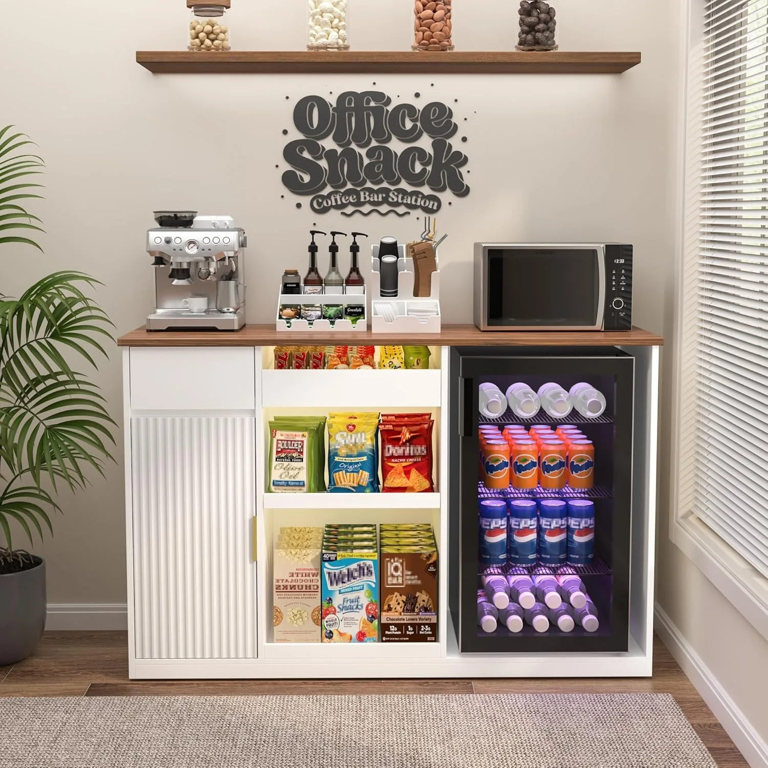 Snack Bar Cabinet with Fridge Space Storage and Display Shelf for Home Theater or Game Room 51 Inch White image 5