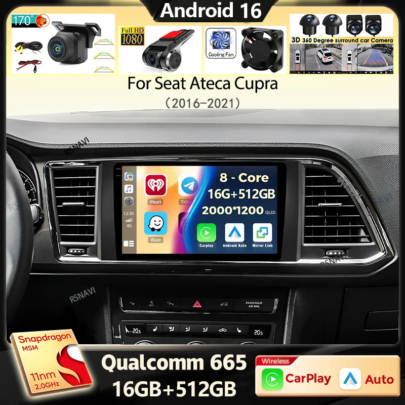 Radio para Auto Android 16 con Carplay para Seat Ateca Cupra 2016-2021, WIFI+4G, Reproductor Multimedia de Video, Navegación GPS, 2 DIN, DVD, Estéreo 1