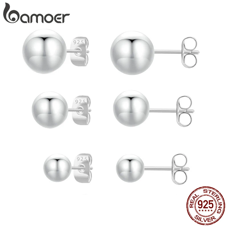 BAMOER White Gold Plated Ball Stud Earrings, 925 Sterling Silver High Polished Hypoallergenic Basic Jewelry SCE1725