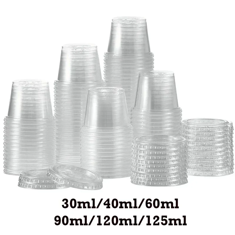 100pcs Disposable Plastic Cup With Lid Clear Sauce Cups Jelly Yogurt Condiment Container Round Ssealed Box Kitchen Accessories