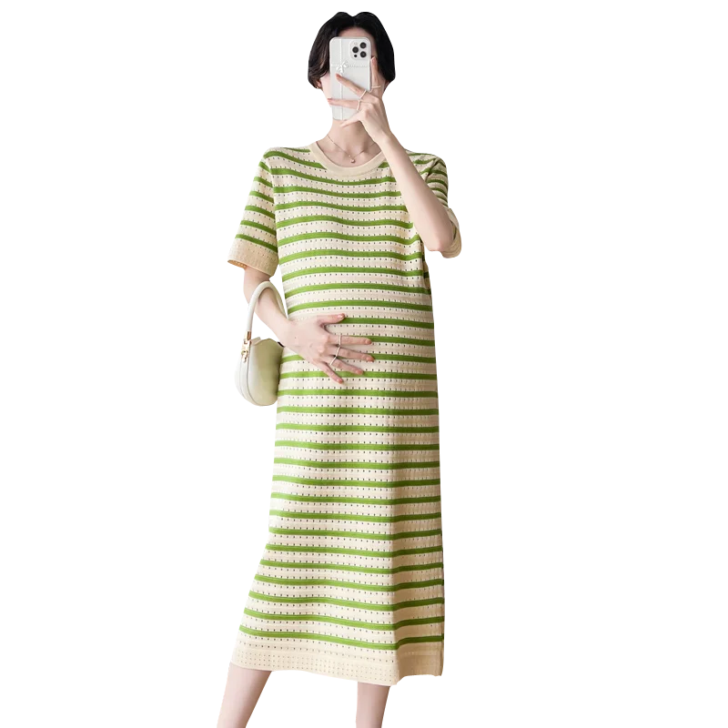 

Maternity Summer Dress Short Sleeve Knit Nursing Dress Hollow Out Breastfeeding Clothes Postpartum Women's Lactation Knitwear