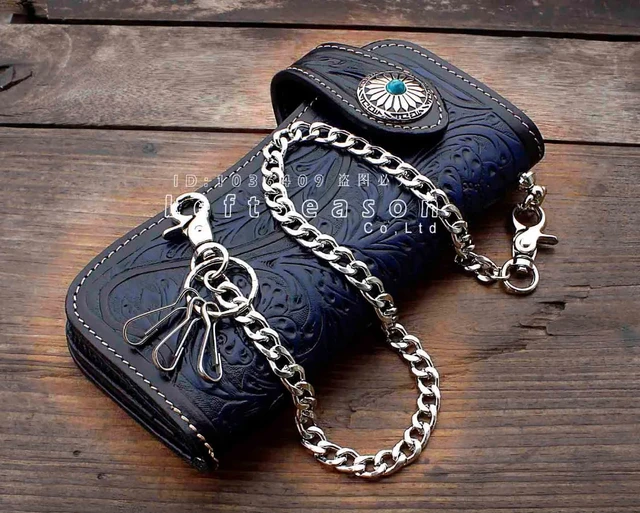 Cartera de cuero larga tallada para hombre, llavero pesado, motociclista -  AliExpress