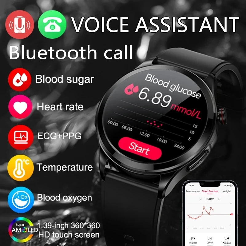 

New ECG+PPG Non invasive Blood Sugar Bluetooth Call Smart Watch Men Laser Treatment Health Blood Pressure Sport Glucometer Watch