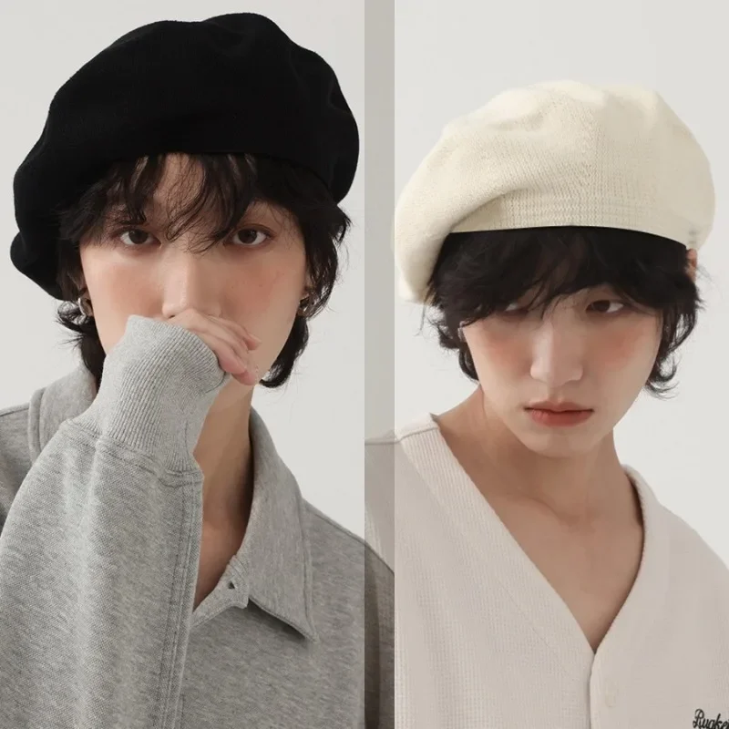 Pure Cotton Cream White Beret for Women Painters with Large Head Circumference and Thin Summer Black Men's Knitted Pumpkin Hat 2