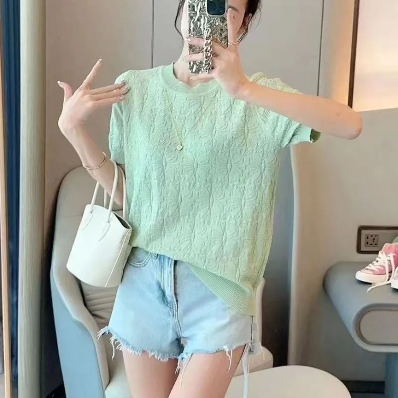 

2024 Summer New Korean Commute Women Solid Color Spliced Jacquard Weave Slim Round Neck Short Sleeve Knitted T-shirt Casual Tops