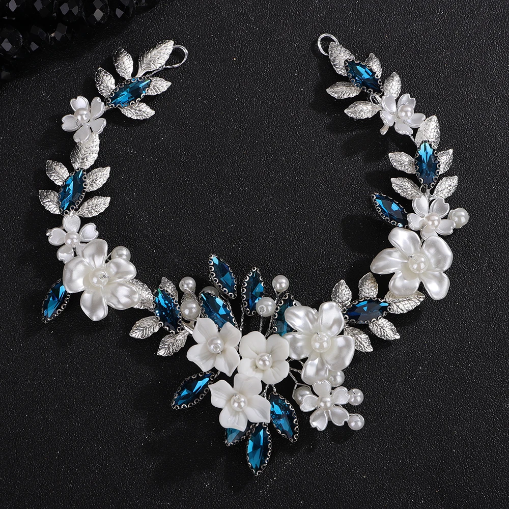 Wedding Resin Flower Green Headband Rhinestone Pearl Bridal Silver Bride Hair Accessories Blue Party Leaf Headband for Women