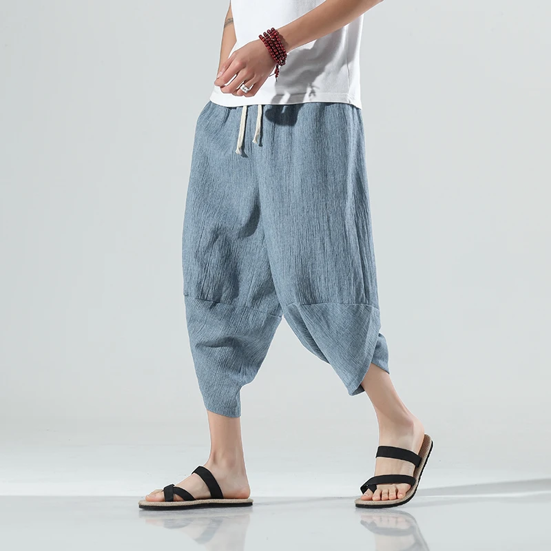 2023 Summer Harajuku Calf Length Casual Men's Pants Wide Leg Cotton Linen Harem Baggy Pants Fashion Men's Clothing 5