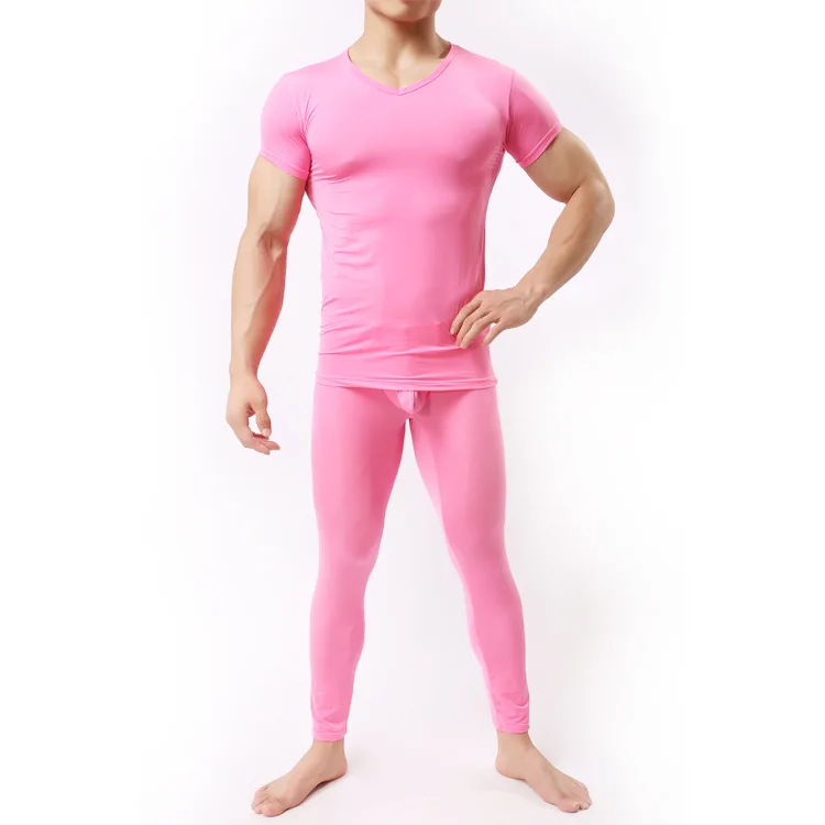 Men Undershirt Set Ultra-thin Cool Spandex Thermal Sleep Shirt & Pant Set