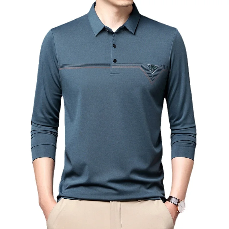 

New Business Solid Color Polo Shirt Spring and Autumn Long Sleeve Button Polo Collar Men's Clothing Loose Casual T-shirt Top