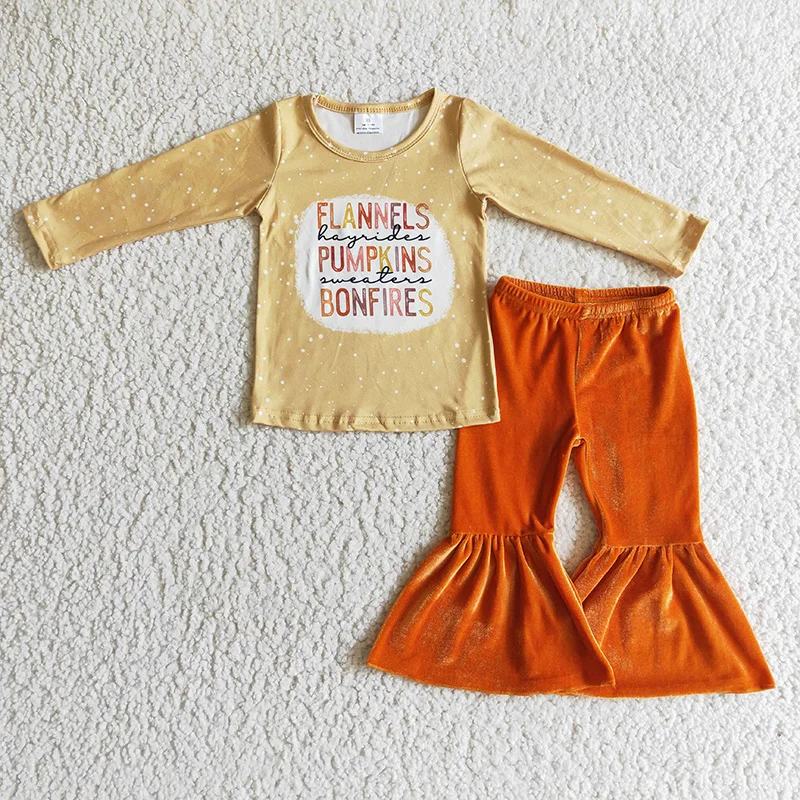 

Wholesale Baby Girl Thanksgiving Outfit Toddler Flannels Pumpkins Bonfires Orange Velvet Pants Infant Children Kid Fall Baby Set