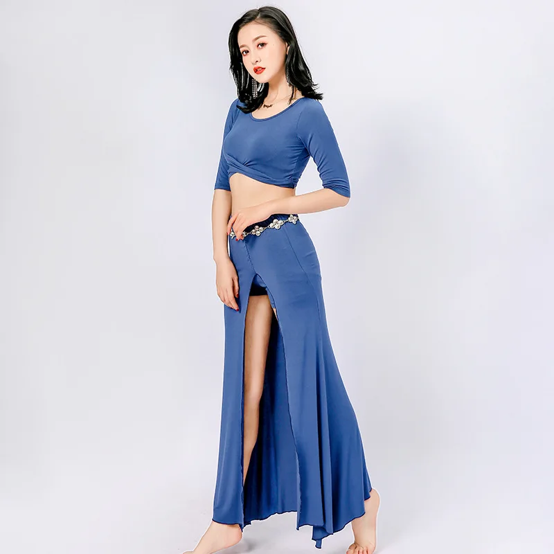 

Sexy Slit Long Skirt Solid Color Chinese Style Ancient Training Clothes Belly Dance Costumes Women Belly Dance Dress Suit