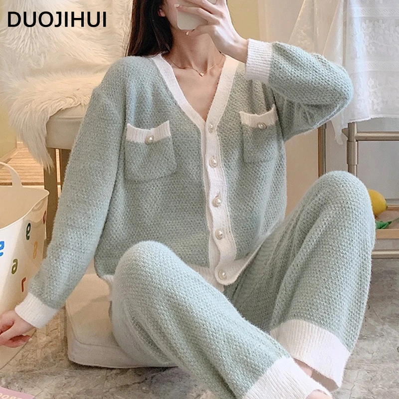 DUOJIHUI Two Piece Spell Color Casual Pajamas for Women Sexy V-neck Cardigan Basic Simple Pant Loose Fashion Female Pajamas Set