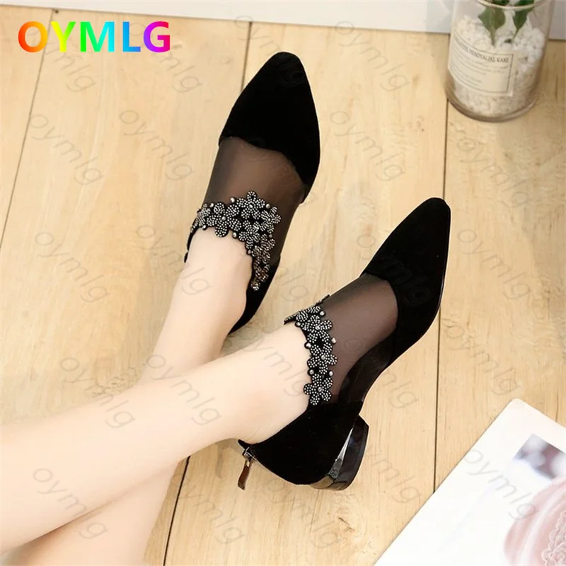 Women Sandals Women Flats Women High Heels Comfortable Sandals Mesh Hollow Flat-heeled Baotou Rhinestone Large Size Summer