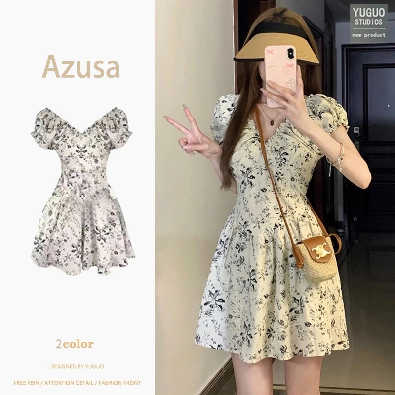 

Puff Sleeve Chiffon Dress 2024 Summer Women's Dress Floral Korea Flower V Neck Sundress Mini Skirt Vacation Party Dresses Y2K