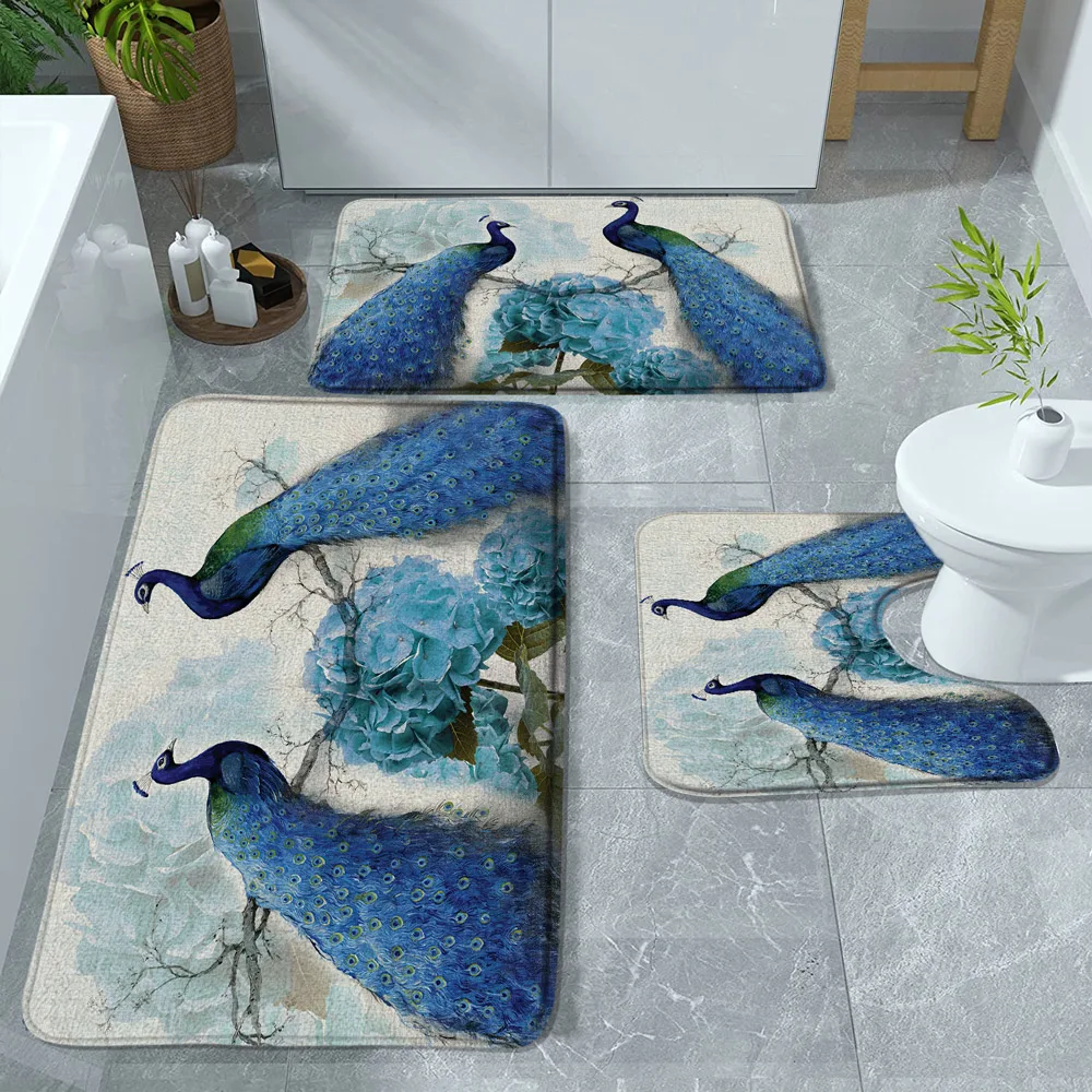 Peacock Bath Mat Blue Beautiful Bird Spring Flower Palnt Bathroom Rugs