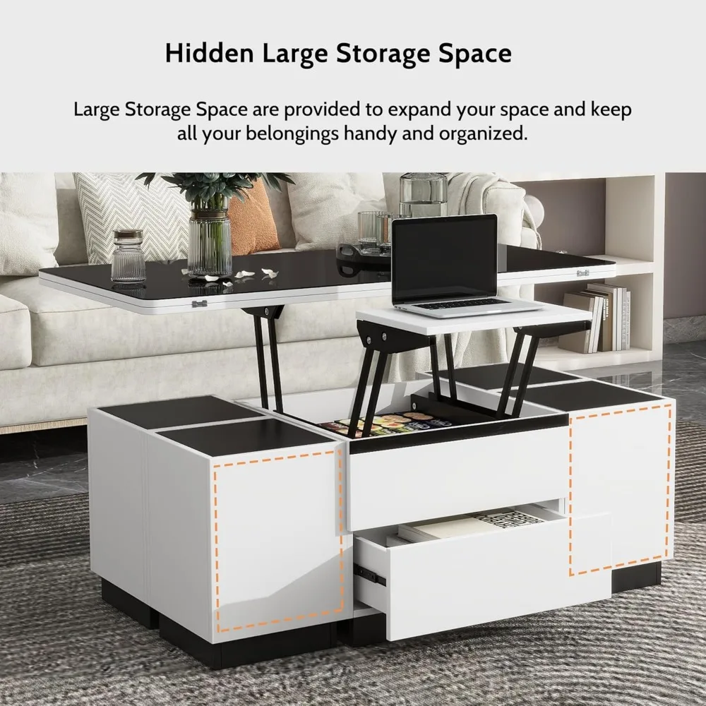 Modern White Lifting Glass Coffee Table, Multifunctional Table with Drawers and Storage 5