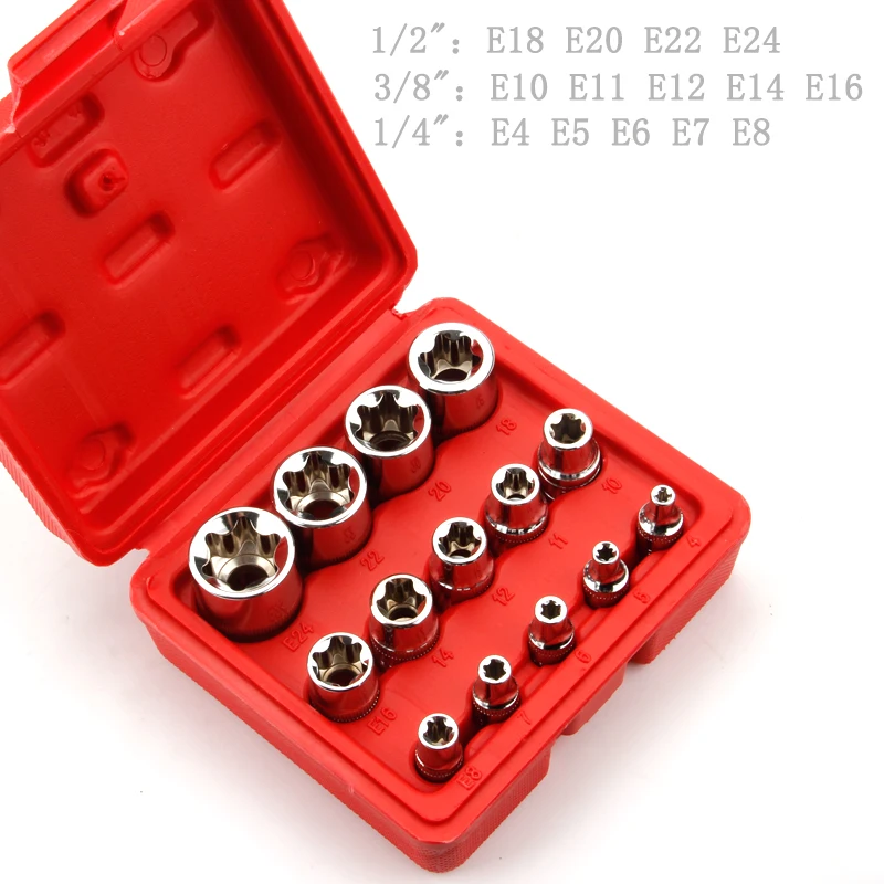 Crv Material 14pcs/set E Torx Star Female Bit Socket Set 1/2" 3/8" 1/4